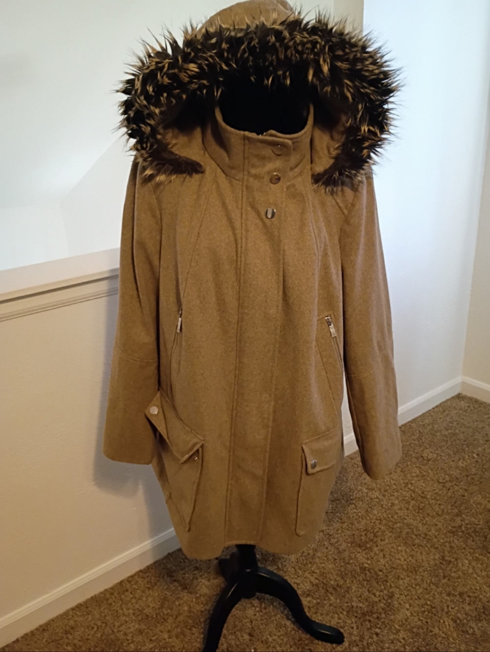 a.n.a Tan Cape with Faux Fur Trim